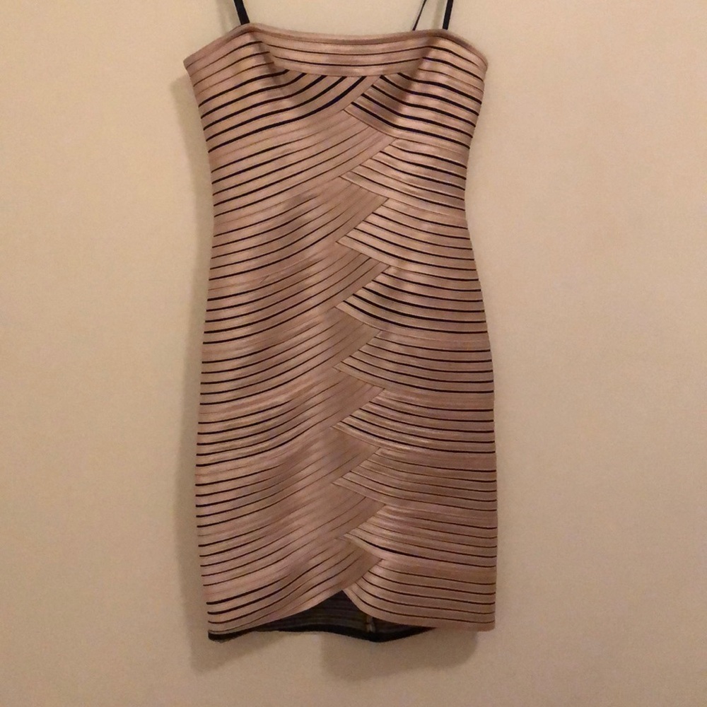 Strapless gold and black BCBG cocktail dress